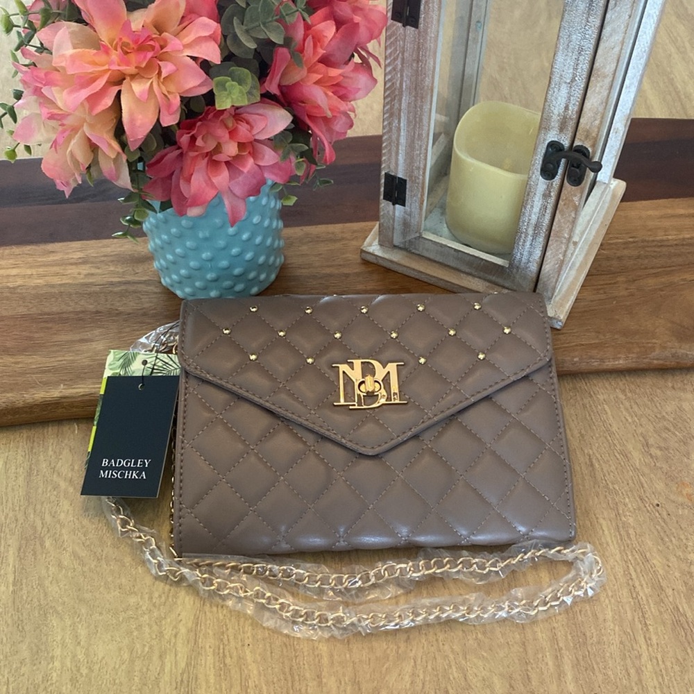 Badgley Mischka Quilted Taupe Crossbody Bag with Gold Hardware